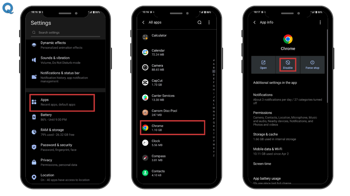 Screenshot showing how to disable Chrome on Android safely